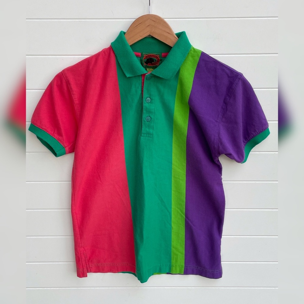 Boston Traders Vintage Striped Colorful Polo Lime Green Pink Purple Vertical
